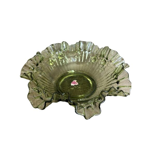 Fenton Serving Bowl Olive Green Cabbage Rose Pattern Crimped & Ruffled Rim - Picture 2 of 3